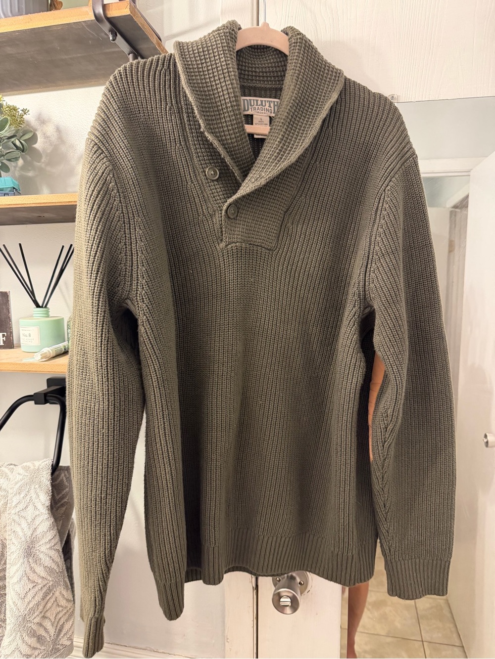 Duluth Trading Co Olive Green V‑Neck Shawl Collar Sweater